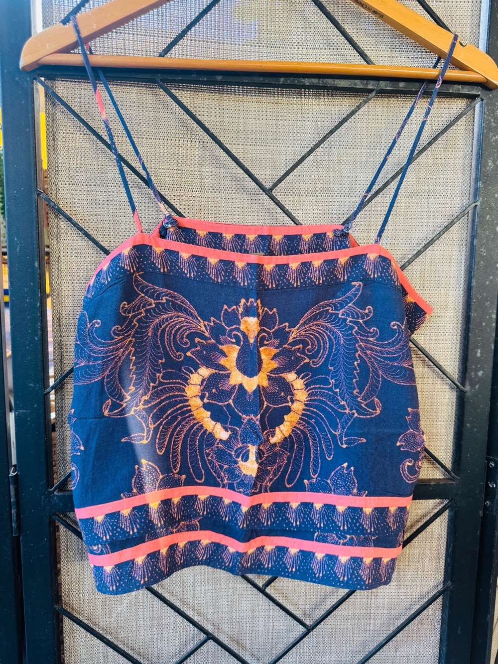 Free People Navy Blue Floral Embroidered Spaghetti Strap Cami with Coral Trim